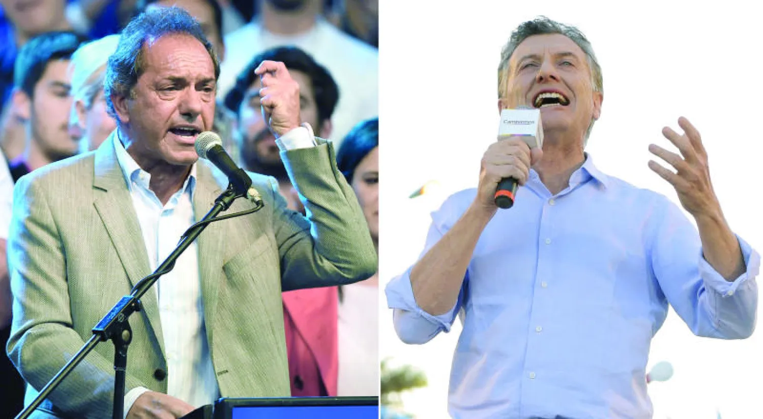 صورة لموريسيو ماكري ودانيال سيولي المتنافسين على الانتخابات الرئاسية التي تنطلق اليوم في الأرجنتين (أ.ف.ب)