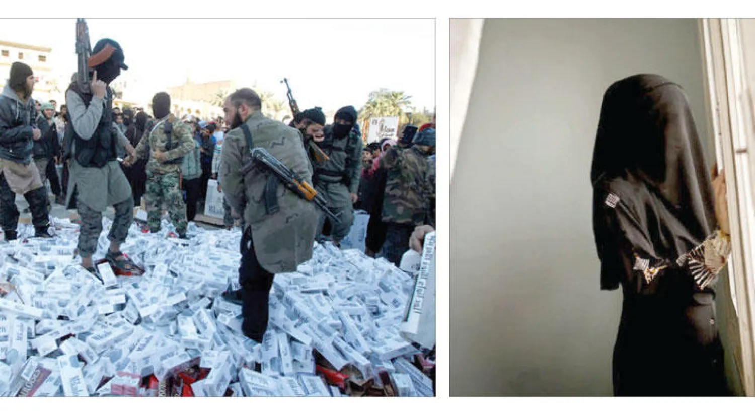 أوس إحدى زوجات أحد قيادات داعش فرت من كتيبة الخنساء إلى مدينة صغيرة بجنوب تركيا بعد هروبها من مدينة الرقة وحكامها المتطرفين، و مقاتلو «داعش» يدوسون بأقدامهم كميات من السجائر المصادرة في الرقة قبل حرقها («نيويورك تايمز»)