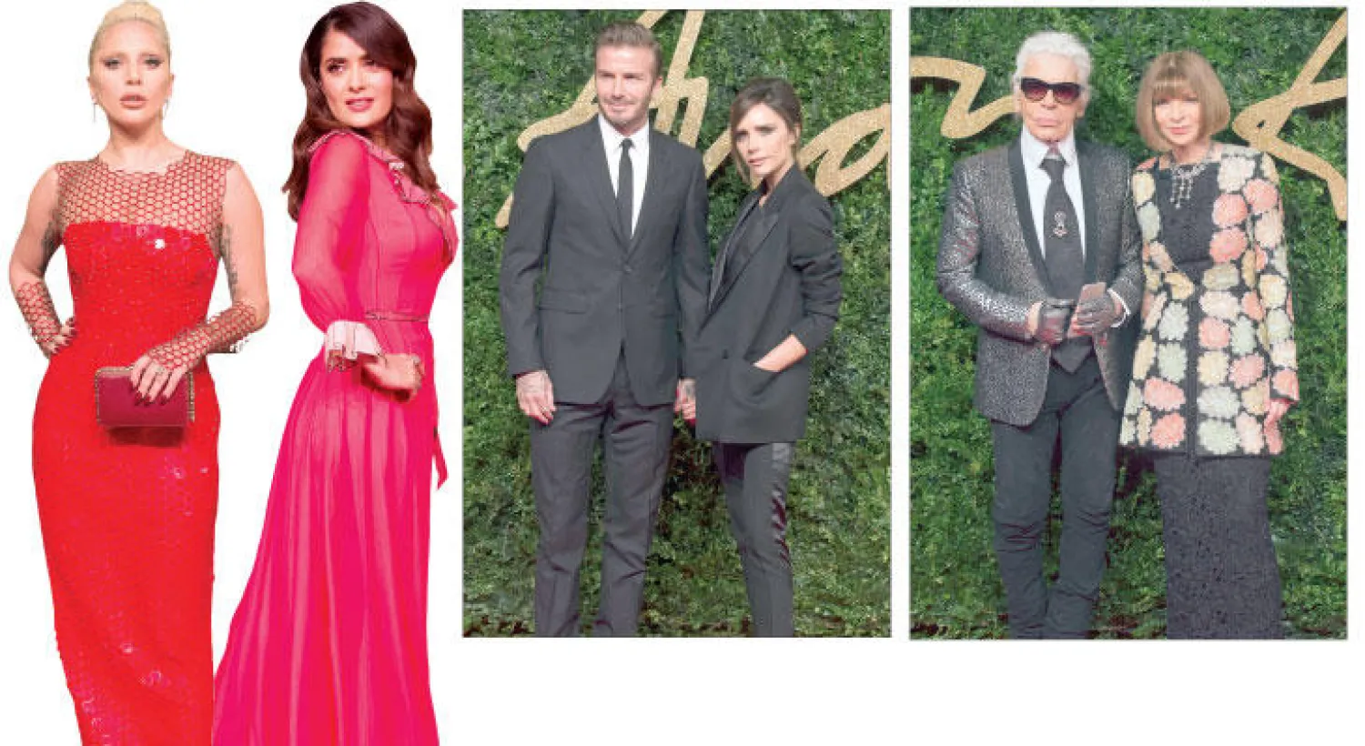 آنا وينتور والمصمم كارل لاغرفيلد و فيكتوريا وديفيد بيكام لدى وصولهما إلى الحفل  و سلمى حايك لدى وصولها إلى الحفل و ليدي غاغا في فستان من تصميم توم فورد