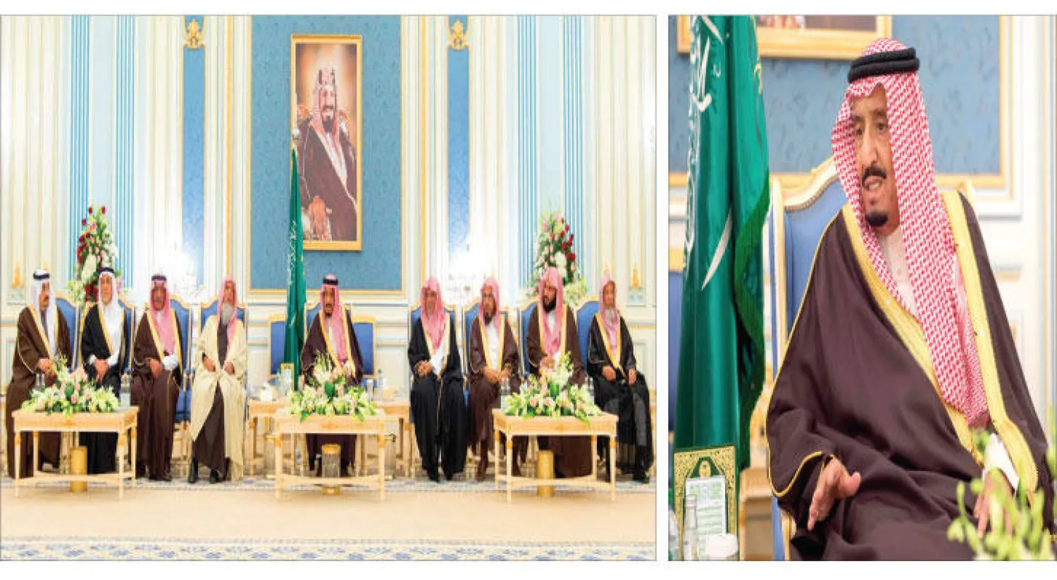 خادم الحرمين الشريفين لدى استقباله الأمراء والمسؤولين والمواطنين ويبدو الأمير مقرن بن عبد العزيز والأمير تركي الفيصل والأمير فيصل بن بندر والمفتي العام والمشايخ والعلماء (واس)