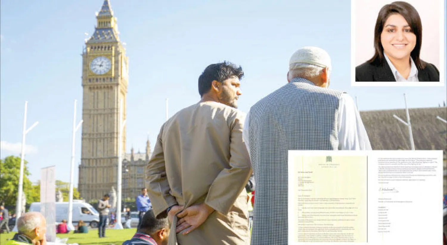 النائبة العمالية شبانة محمود («الشرق الأوسط»)، خطاب النواب البريطانيين العشرة إلى صحيفة «الصن»، مواطنان من الجالية المسلمة امام مجلس العموم البريطاني (غيتي)