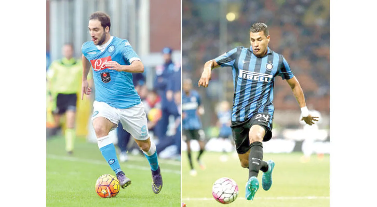 الكولومبي موريلو مدافع إنتر ميلان وكولومبيا («الشرق الأوسط»)  -  هيغوين مهاجم نابولي والأرجنتين (إ.ب.أ)