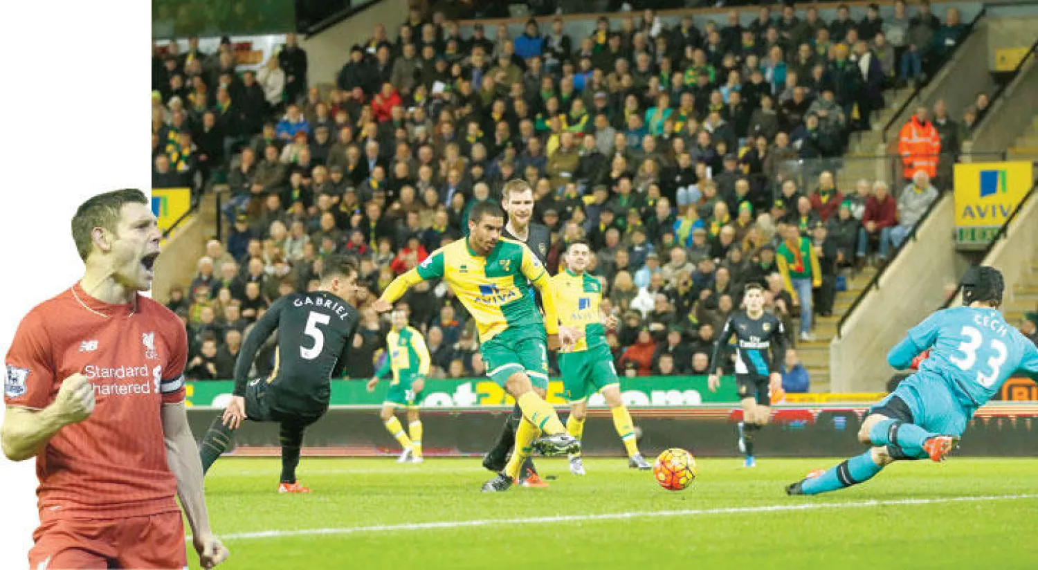 غرابان لاعب نوريتش يسدد في  شباك حارس آرسنال التشيكي بيتر تشيك (رويترز)  -  ميلنر يحتفل بهدفه الذي أهدى الفوز لليفربول (أ.ف.ب)
