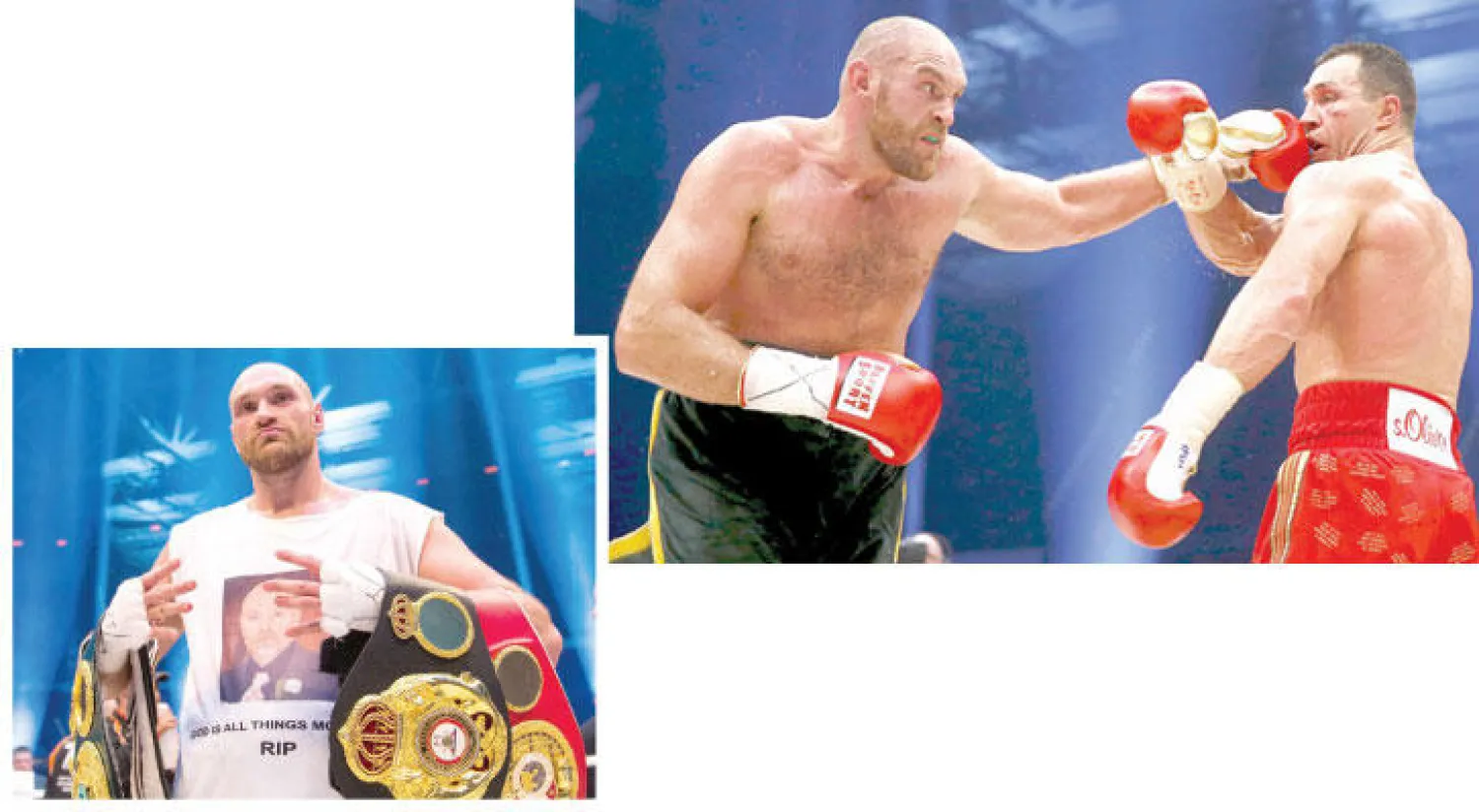 فيوري (يسار) يوجه لكمة إلى وجه كليتشكو (رويترز)  -  فيوري يستعرض الأحزمة العالمية الثلاثة (إ.ب.أ)