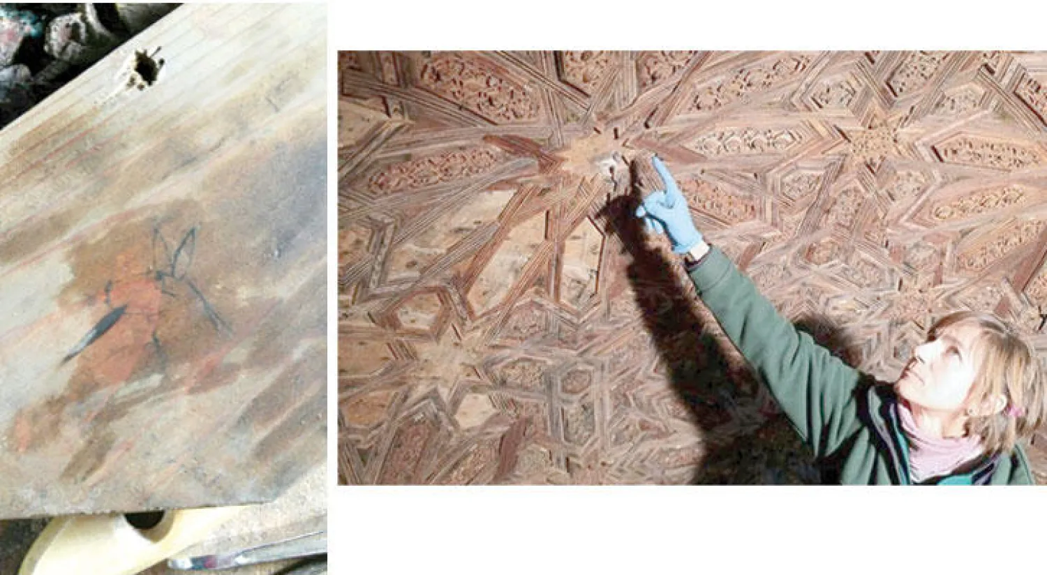 خبيرة في القصر تشير إلى أحد الأماكن التي عثر فيها على الرسوم، أحد الرسوم.. ويمثل رأس كلب