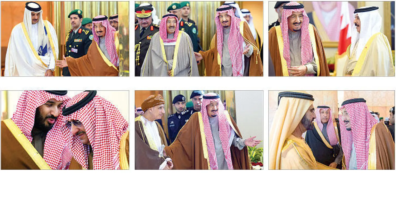 خادم الحرمين مرحبًا بضيوفه الملك حمد بن عيسى آل خليفة والشيخ صباح الأحمد الصباح والشيخ تميم بن حمد آل ثاني لدى وصولهم للمشاركة في القمة أمس و الملك سلمان لدى استقباله الشيخ محمد بن راشد وفهد بن محمود آل سعيد أثناء وصولهما للمشاركة في القمة وحديث بين الأمير محمد بن نايف والأمير محمد بن سلمان خلال القمة