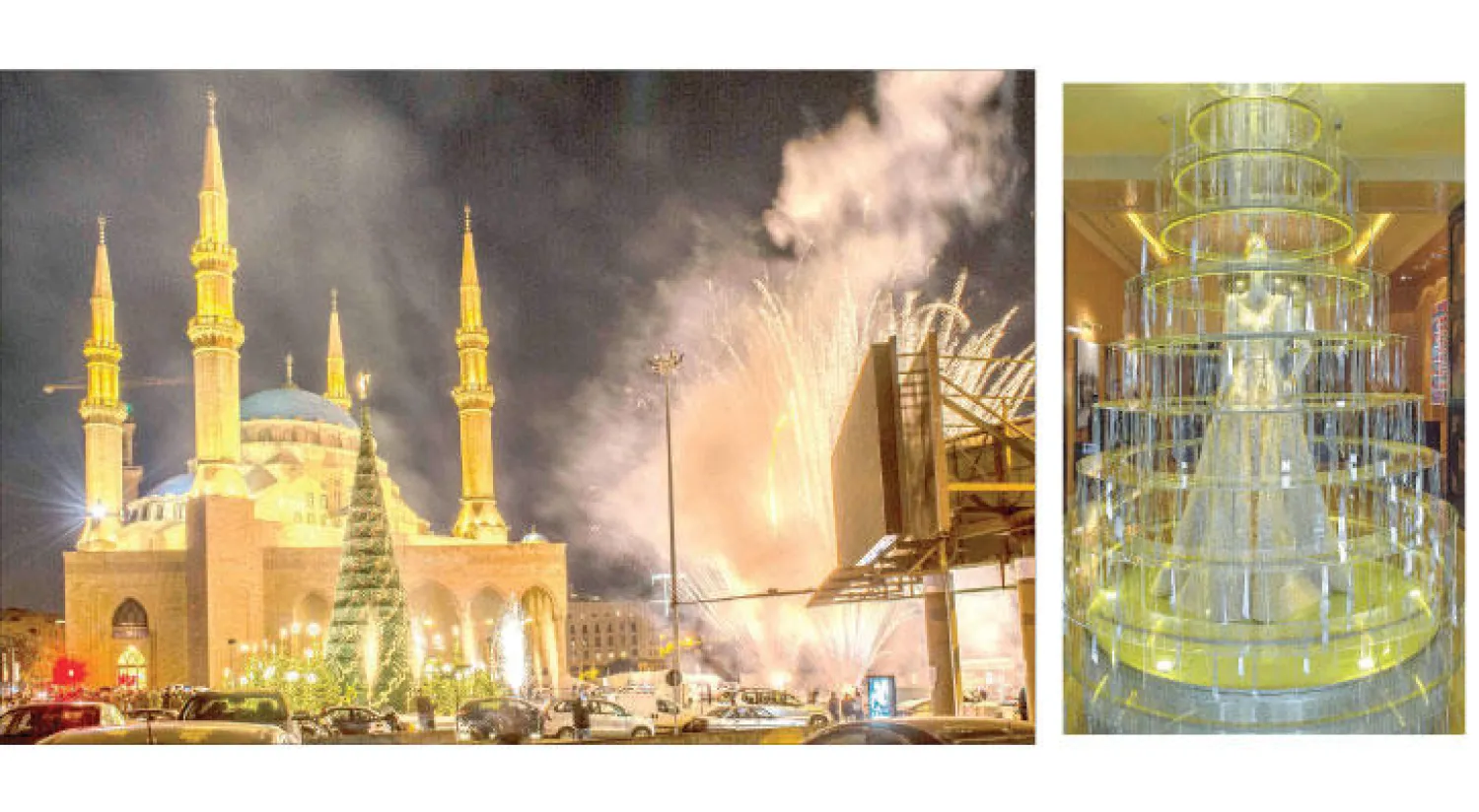 شجرة عيد الميلاد للمصمم اللبناني إيلي صعب المصنوعة من مادة «البليكسي» تزيّن ردهة فندق فورسيزونز وسط بيروت بواحد من فساتين مجموعته للهوت كوتور، أسواق بيروت تتزين بشجرة العيد المصنوعة من مواد صديقة للبيئة.