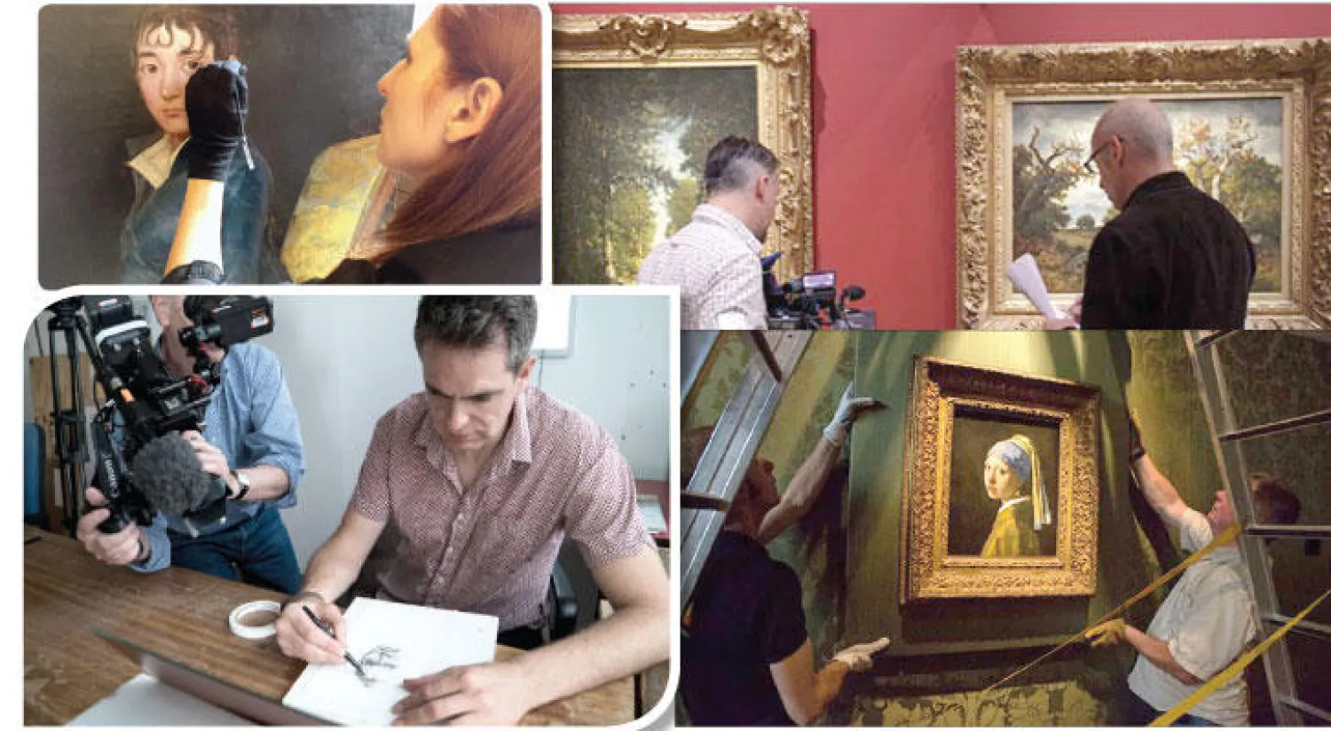 خلال تصوير فيلم عن معرض «الفنانين التأثيريين»، خبيرة ترميم لوحات في ناشيونال غاليري بواشنطن من الخبراء الذين استضافهم الفيلم (سفنز آرت برودكشن)، من فيلم حول معرض «الفتاة ذات القرط اللؤلؤي وكنوز أخرى» في متحف مويتهاوس، خلال تصوير فيلم حول معرض «غويا» المقام في لندن حاليا (سفنز آرت برودكشن)
