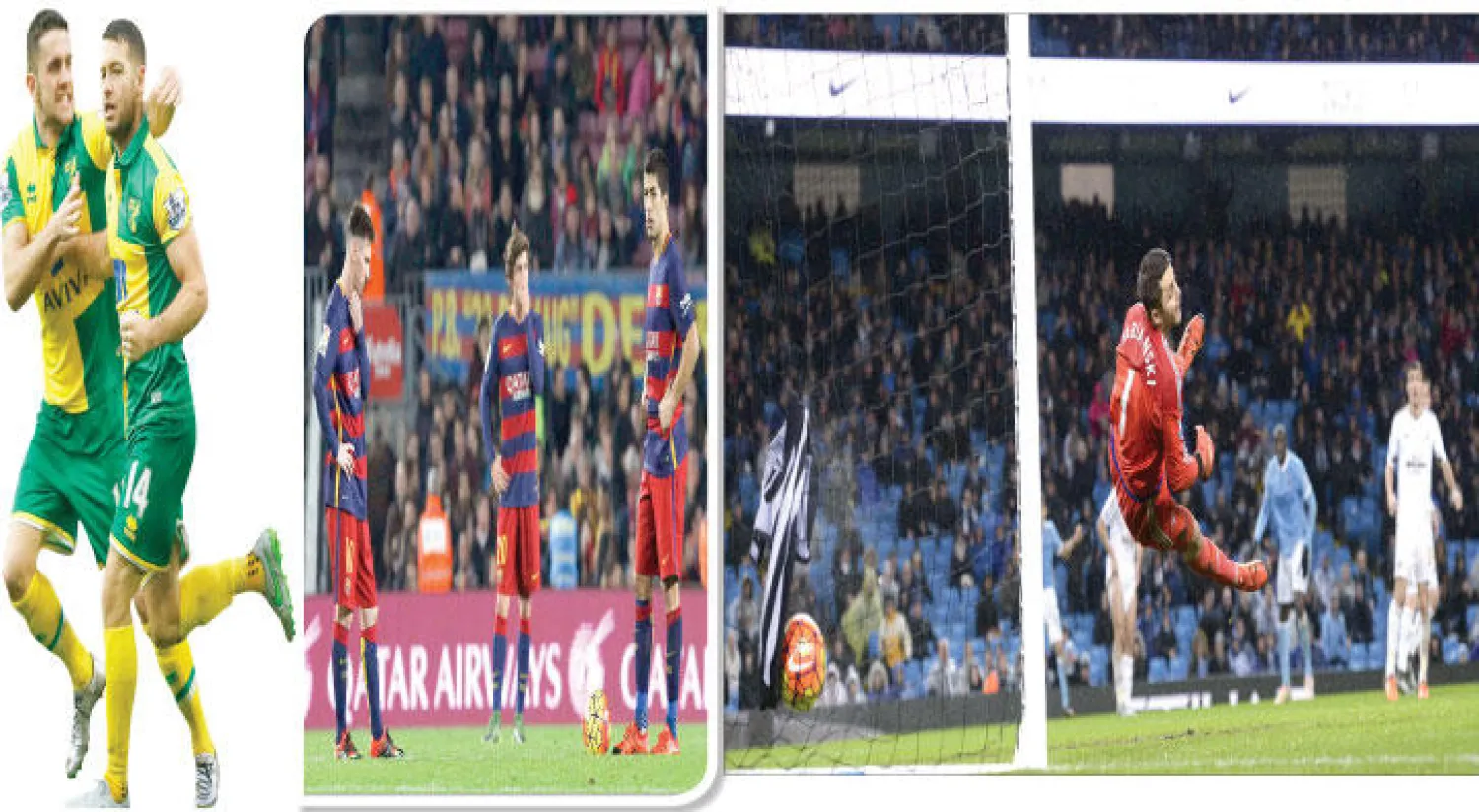 يايا توريه يحافظ  لسيتي على النقاط الثلاث بهدف في الثواني الأخيرة (أ.ف.ب)، برشلونة أضاع فوزا كان في متناول يده (إ.ب.أ)، هولاهان (14) يحتفل مع برادي بهدف تعادل نورويتش (رويترز)