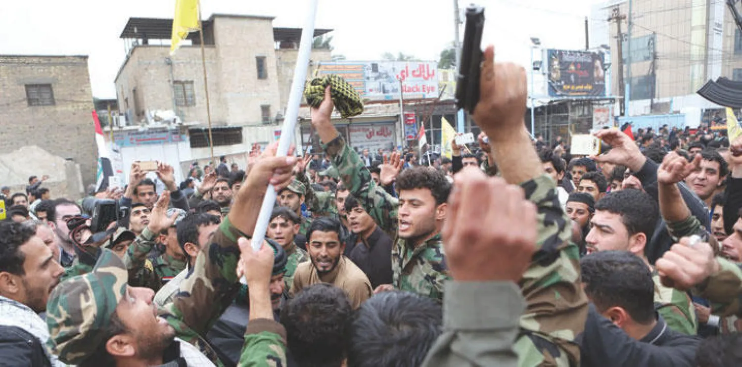 جانب من مظاهرة لميليشيات الحشد الشعبي في البصرة أول من أمس ضد الوجود العسكري التركي في شمال العراق (أ.ب)