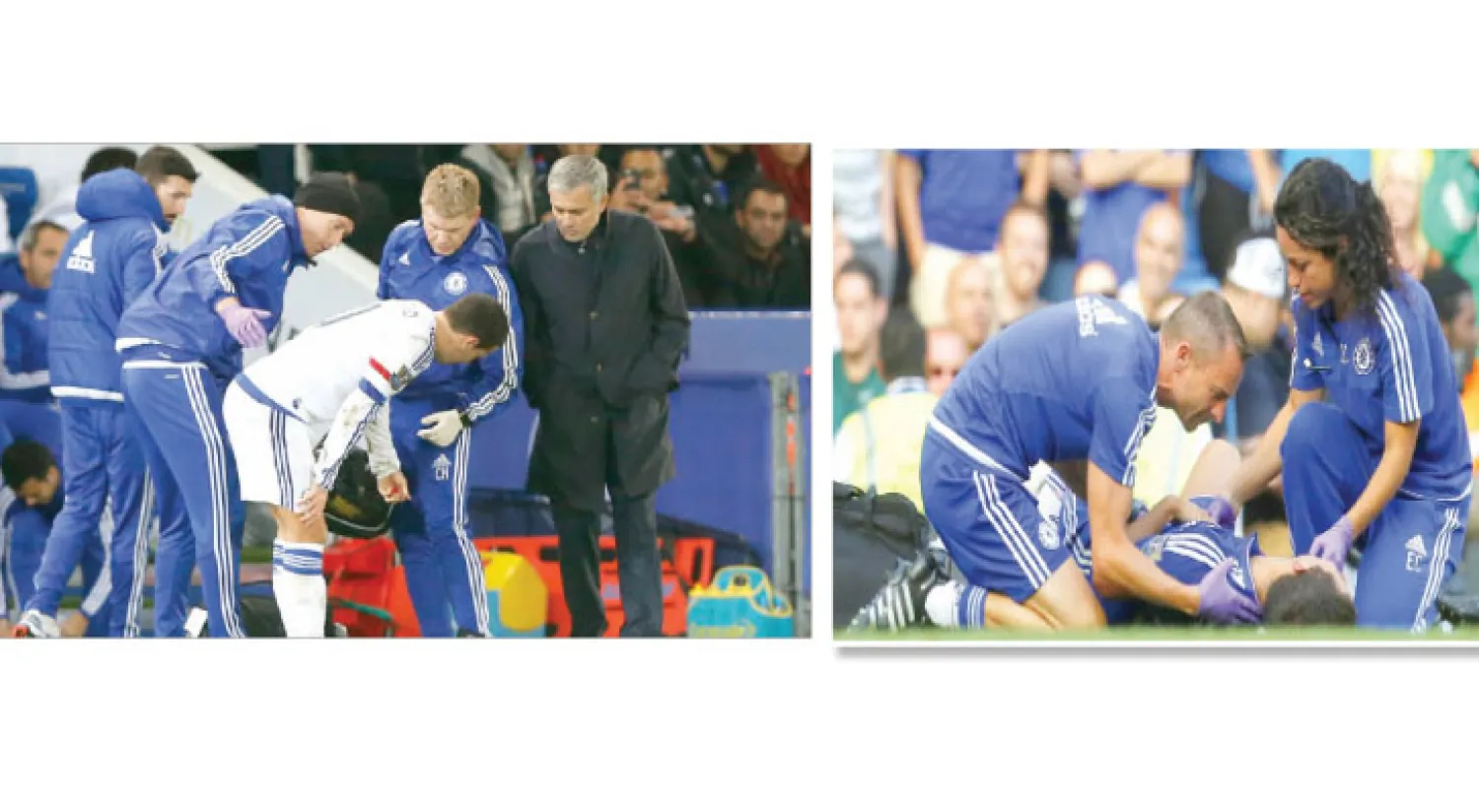 الفريق الطبي يحاول علاج هازارد في المباراة التي فجرت المشكلات داخل تشيلسي (أ.ف.ب)، مورينهو يتفحص إصابة هازارد في مباراة ليستر الأخيرة (رويترز)