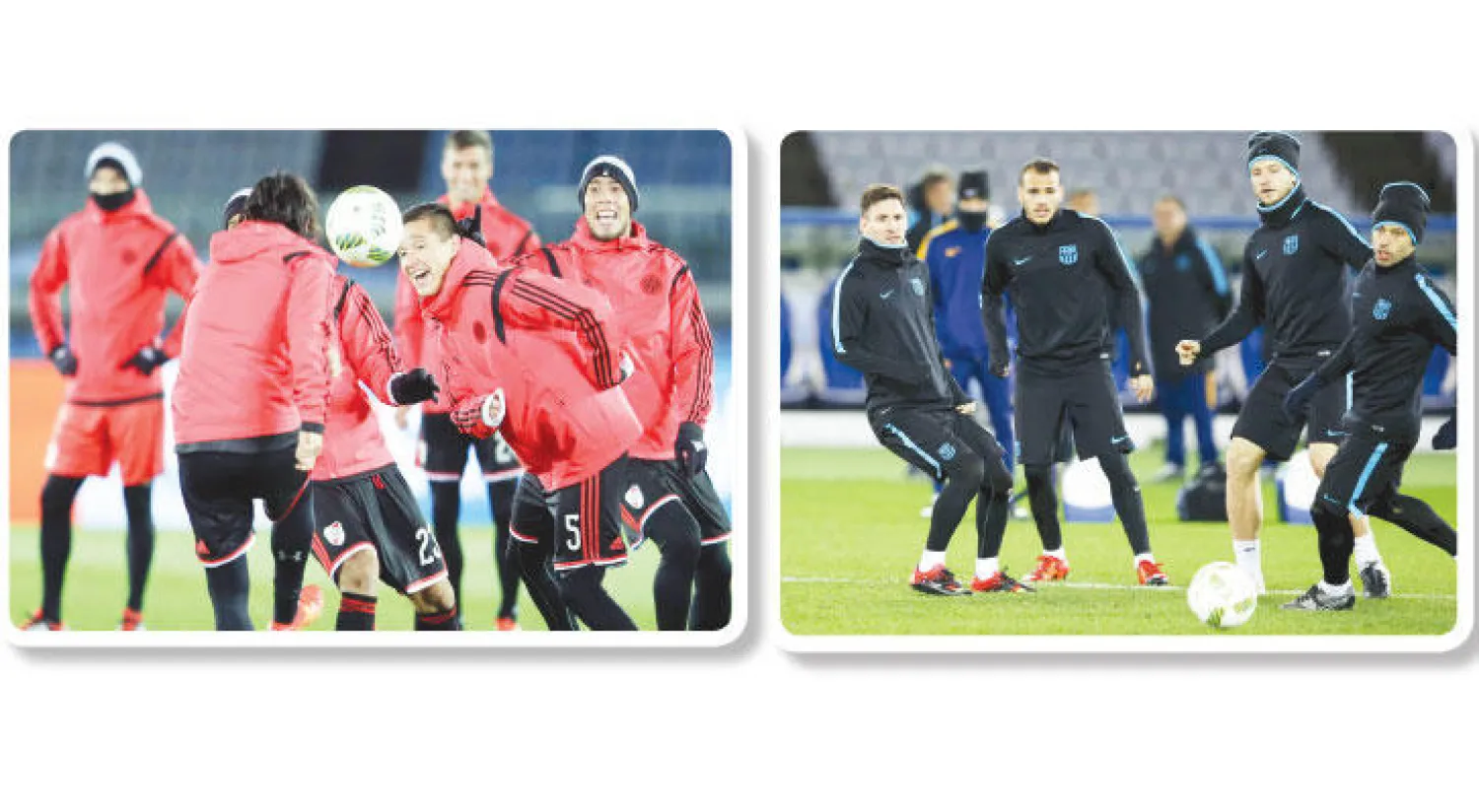 من تدريبات برشلونه الإسباني استعدادًا لنهائي الأندية (رويترز)، جانب من استعدادات ريفر بلايت للمواجهة (إ.ب.أ)