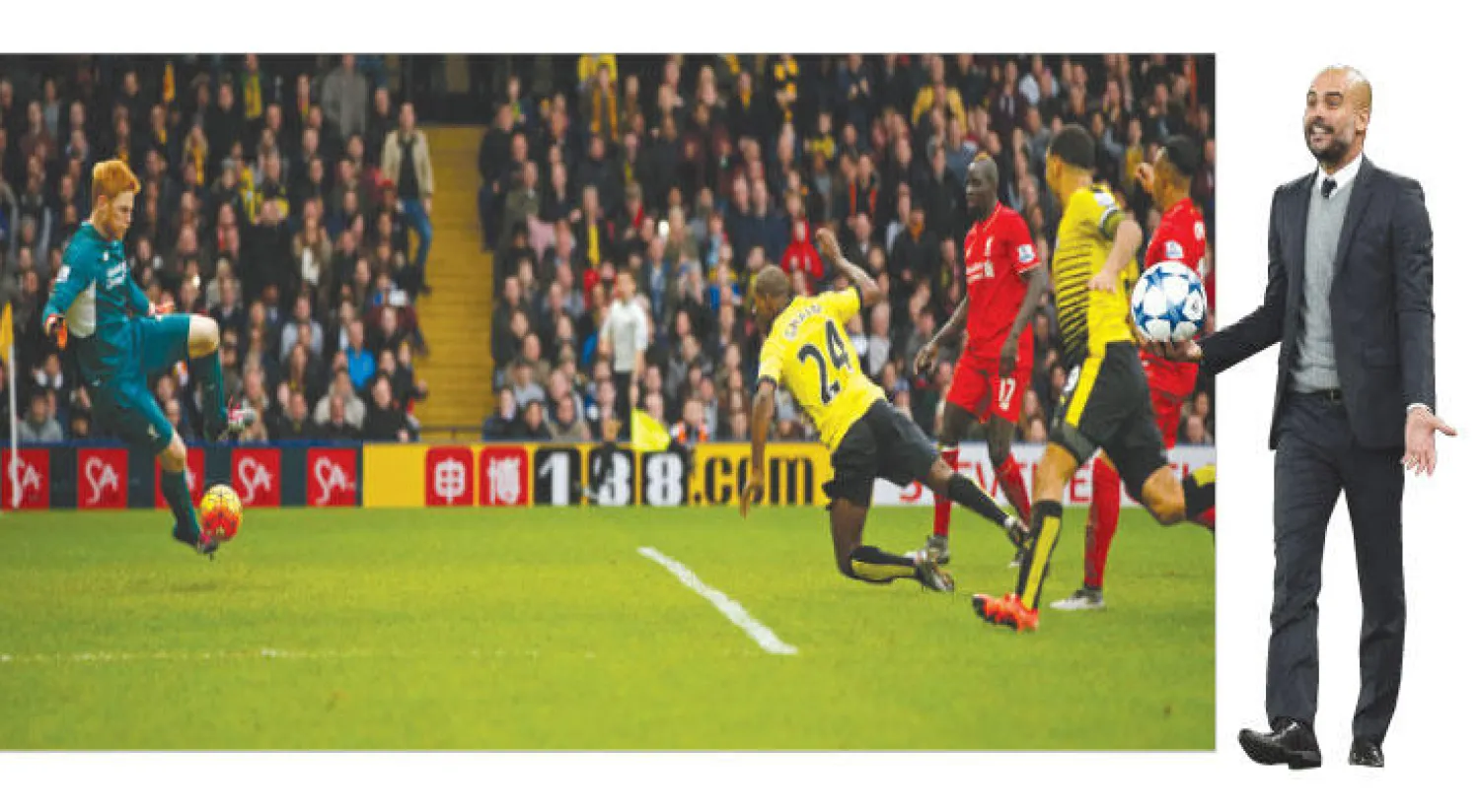 قطبا مانشستر في انتظار قرار غوارديولا (رويترز)، إيغالو مهاجم واتفورد (رقم 24) يسدد برأسه طائرًا في شباك ليفربول (رويترز)