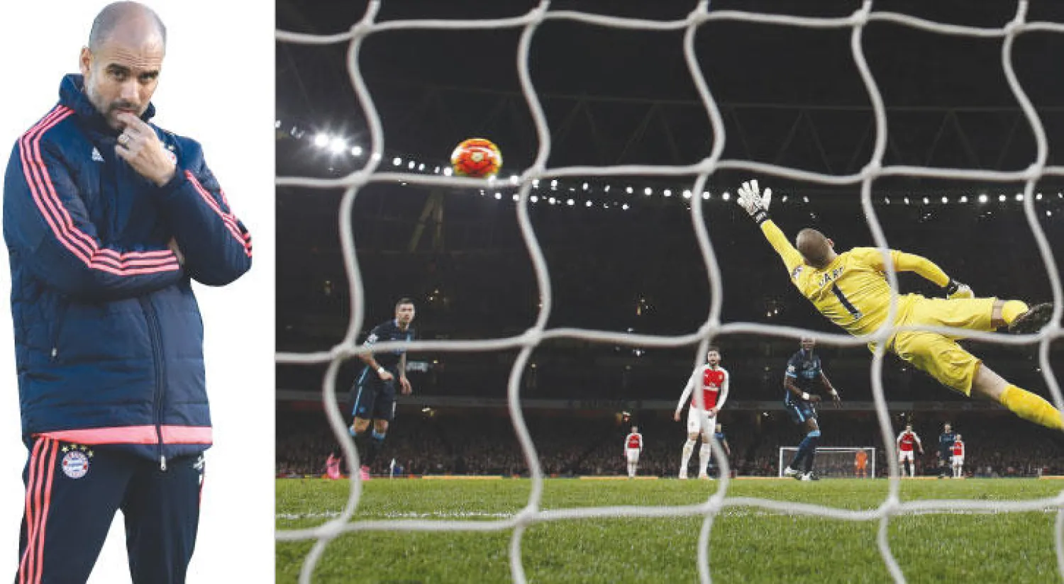 هارت حارس مانشستر سيتي فشل في التصدي لتسديدة والكوت مهاجم آرسنال (أ.ف.ب)، أندية إنجلترا الكبرى تنتظر قرار غوارديولا (أ.ف.ب)