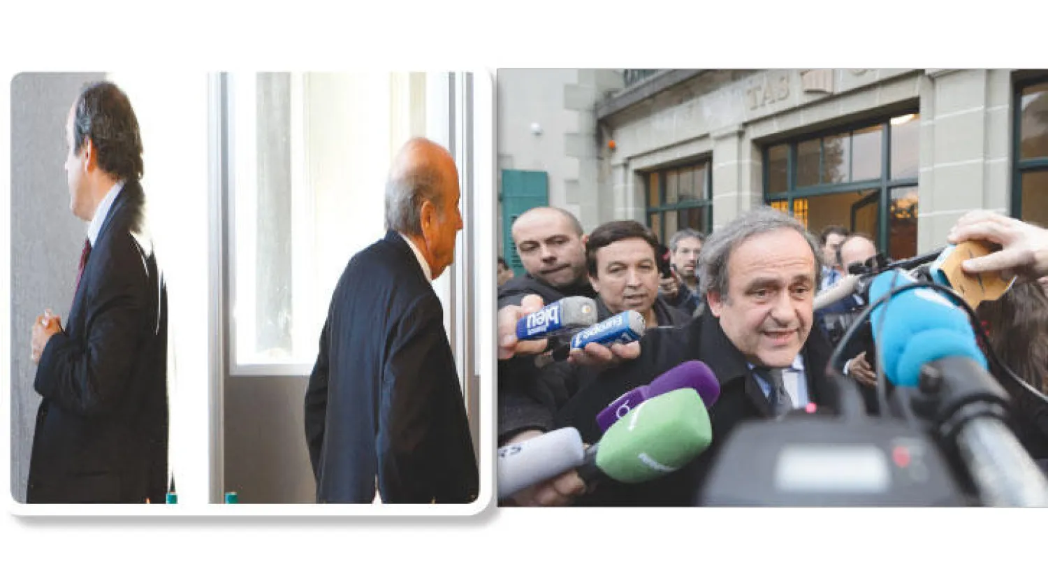 بلاتيني محاط بالإعلاميين أمام محكمة التحكيم الرياضية، بلاتيني وبلاتر في طريق مفترق بعد أن جمعهما الفساد (أ.ب)