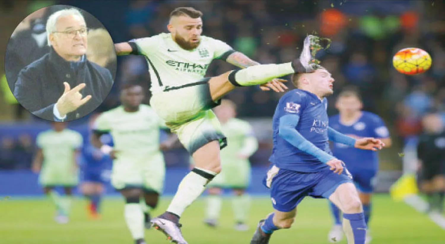 رانييري (أ.ب) - أوتاميندي مدافع سيتي يشتت الكرة قبل رأس فاردي مهاجم ليستر (رويترز)