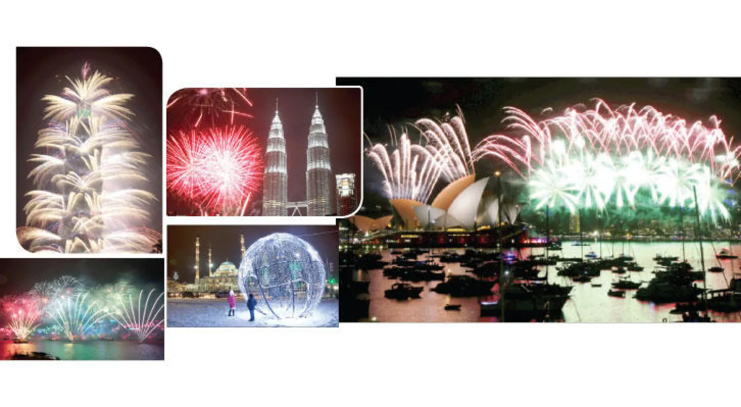 احتفالات السنة الجديدة في كوالالمبور عاصمة ماليزيا أمس (أ.ف.ب) - الألعاب النارية بتايوان في أطول ناطحة سحاب خلال احتفالات العام الجديد في تايبيه (رويترز) - طفلان يشاهدان كرة مضئية وخلفهما مسجد خلال الاحتفالات بالعام الجديد في مدينة غروزني، عاصمة الشيشان أمس (أ.ف. ب) - مشهد للألعاب النارية في ميناء فيكتوريا أثناء احتفالات العام الجديد في هونغ كونغ (إ.ب.أ)