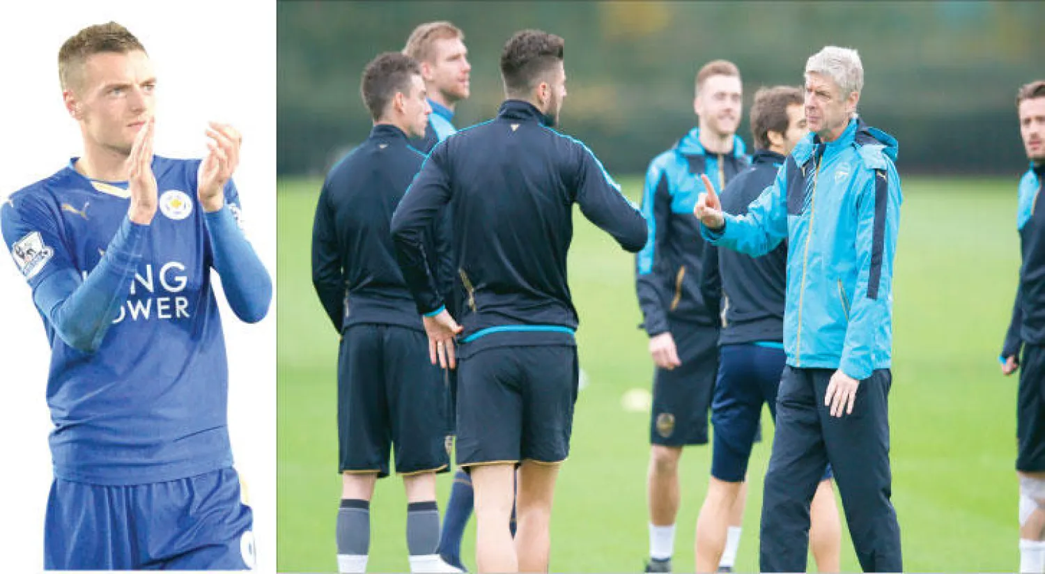 فينغر يوجه لاعبي آرسنال خلال التدريبات قبل مواجهة نيوكاسل (رويترز)، ليستر ينتظر عودة فاردي للتهديف اليوم (أ.ف.ب)