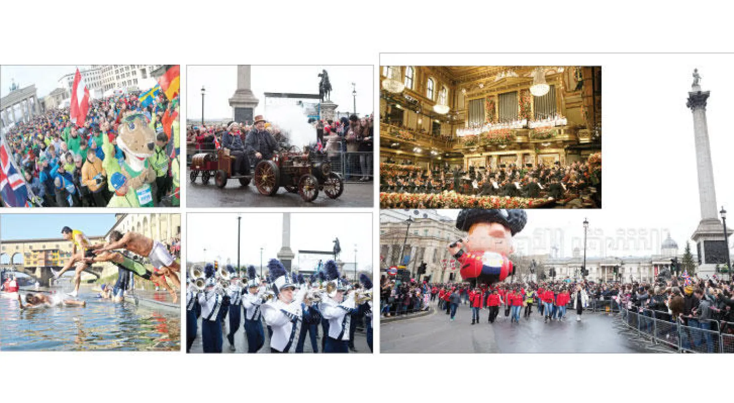 جانب من كرنفال العام الجديد في لندن أمس (جيمس حنا) - جانب من الحفل الموسيقي الذي أقيم في فيينا أمس (أ.ب) - شارك في كرنفال لندن هواة السيارات الكلاسيكية -  في العاصمة الألمانية برلين انطلق المئات في ماراثون سنوي (أ.ف.ب) - فرق موسيقية مختلفة شاركت في الكرنفال - غطس المحتفلون في فلورنسا الإيطالية في مياه نهر أرنو (إ.ب.أ)