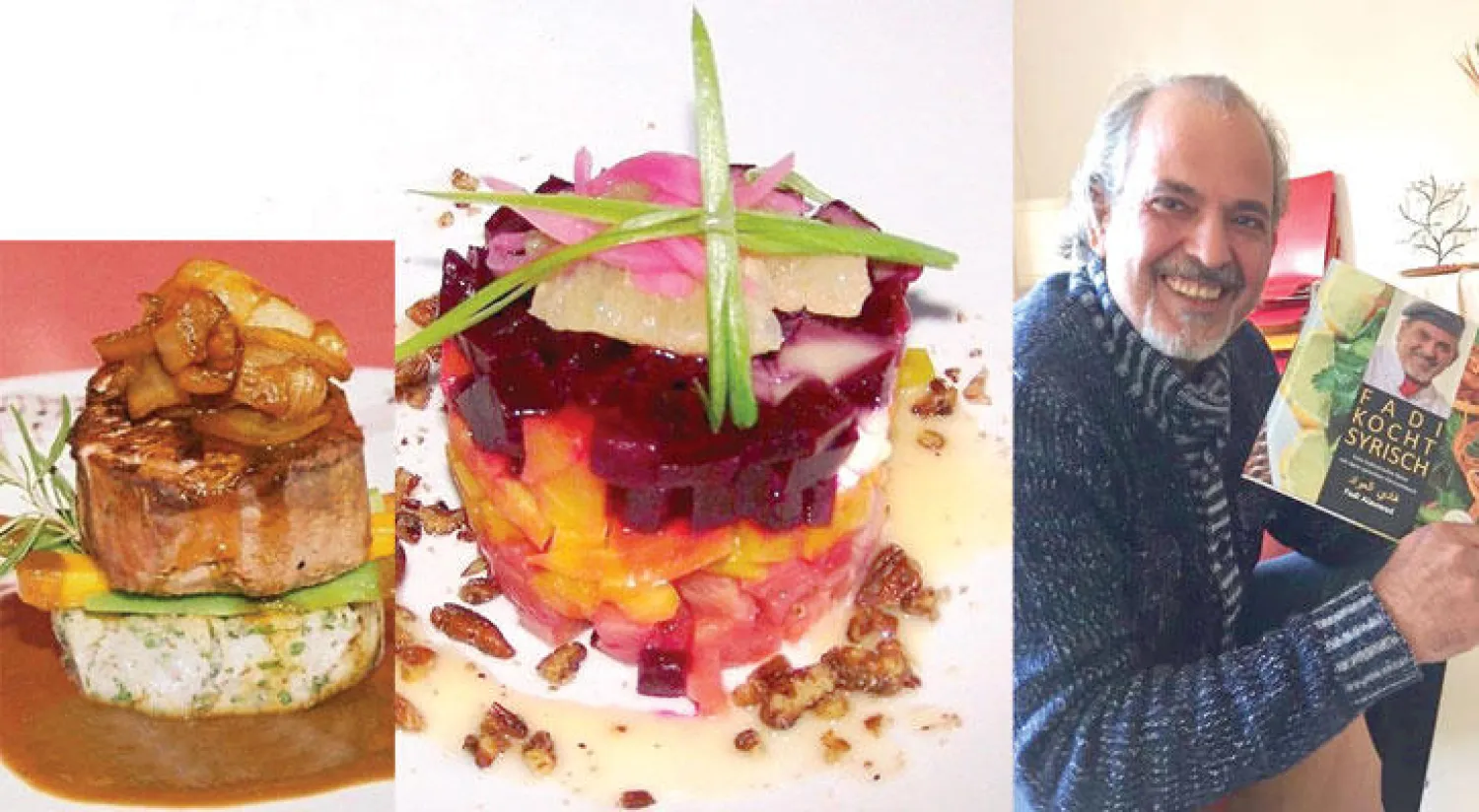 فادي العواد مع كتابه باللغة الألمانية عن فنون المطبخ السوري - من أطباق الشيف فادي العواد - أطباق غربية بنفس شرقي