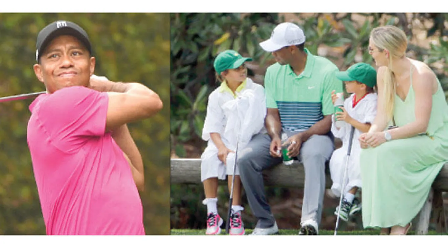 تايغر وودز بين ولديه وزوجته السابقة (أ.ب)، تايغر وودز يأمل التعافي سريعًا من إصابته والعودة لبطولات الغولف (أ.ف.ب)