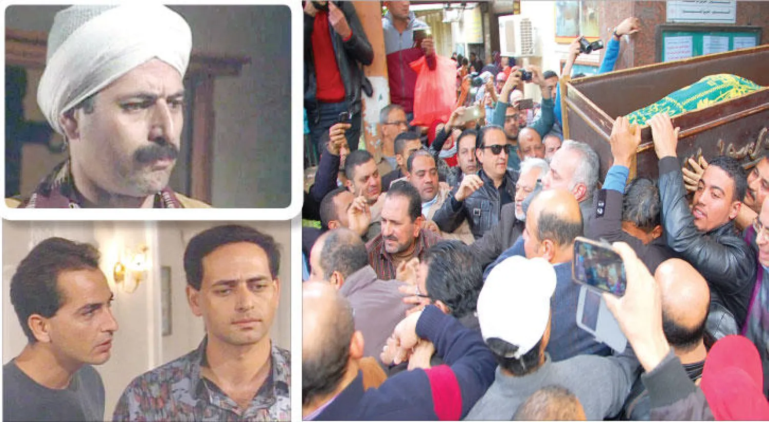 زملاء الفنان يحملون جثمانه، في دور «رفيع العزايزي» من مسلسل «الضوء الشارد»، مع هشام سليم في «ليالي الحلمية»