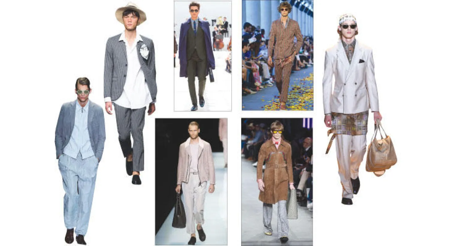 بدلة من «ميسوني» -  من اقتراحات «بيربري» لربيع وصيف 2016 -  من «تايغر أوف سويدن» إطلالة شبابية -  من اقتراحات «فرساتشي» وهنا أيضًا يلعب التنسيق دوره فيما تبقى التصاميم كلاسيكية نوعًا ما - من اقتراحات «غوتشي» تصميم كلاسيكي يمكن للرجل أن يطوعه حسب أسلوبه الخاص بعيدًا عن الإثارة التي تتطلبها عروض الأزياء - إطلالة «سبور» من جيورجيو أرماني