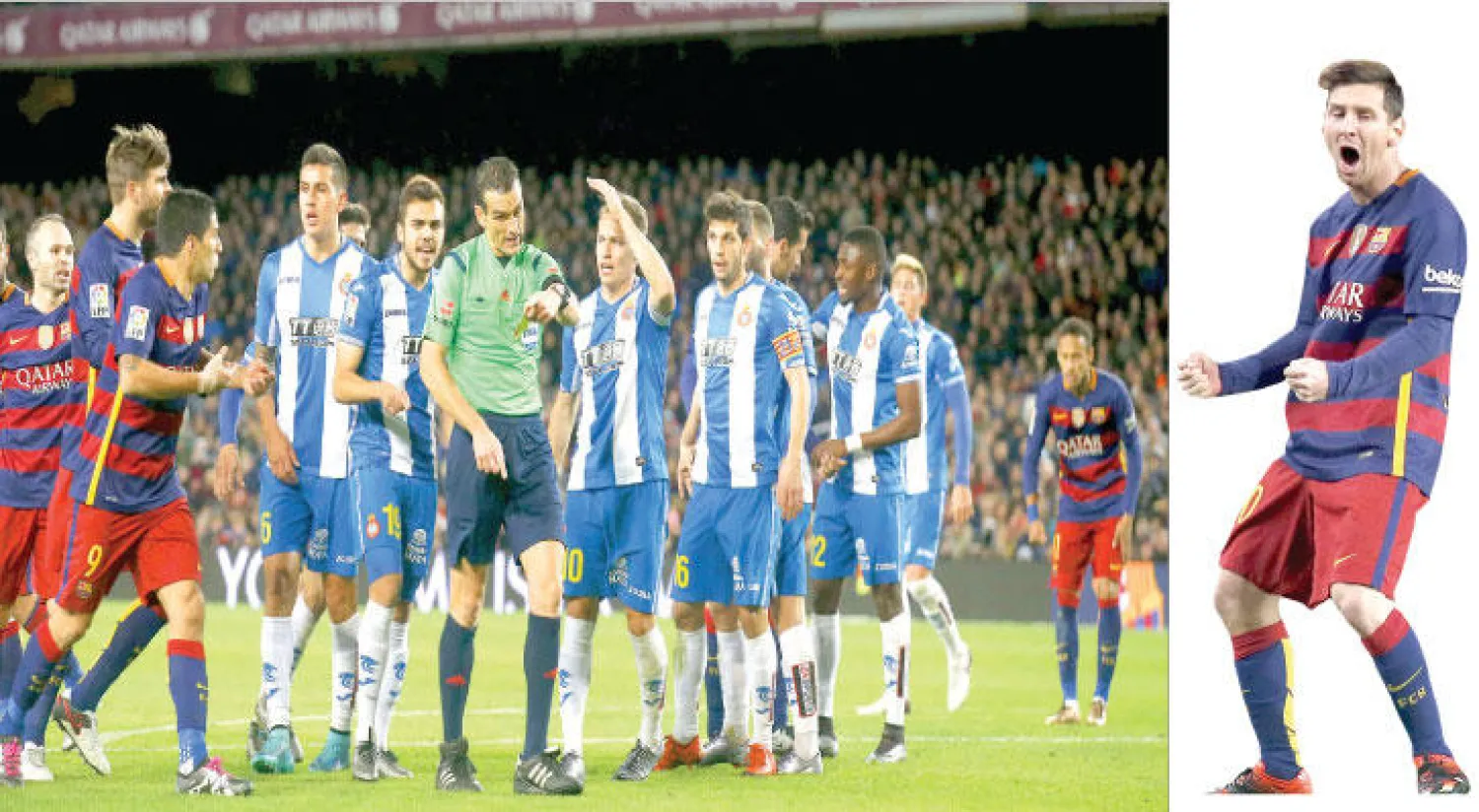 ميسي سجل ثنائية وصنع مثلها ليمنح برشلونة الفوز (رويترز) - لاعبو إسبانيول يعترضون على الحكم بعد اشتباك مع لاعبي برشلونة (رويترز)