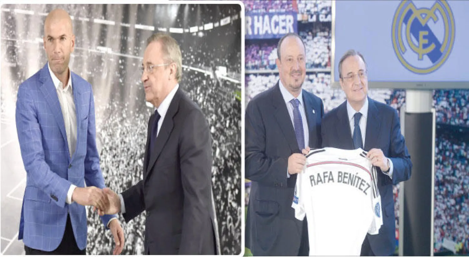 بيريز رئيس الريال استقدم بينيتيز من أجل تنفيذ خططه (غيتي) - بيريز يقدم زيدان كمدير فني بديل لبينيتيز (أ.ف.ب)