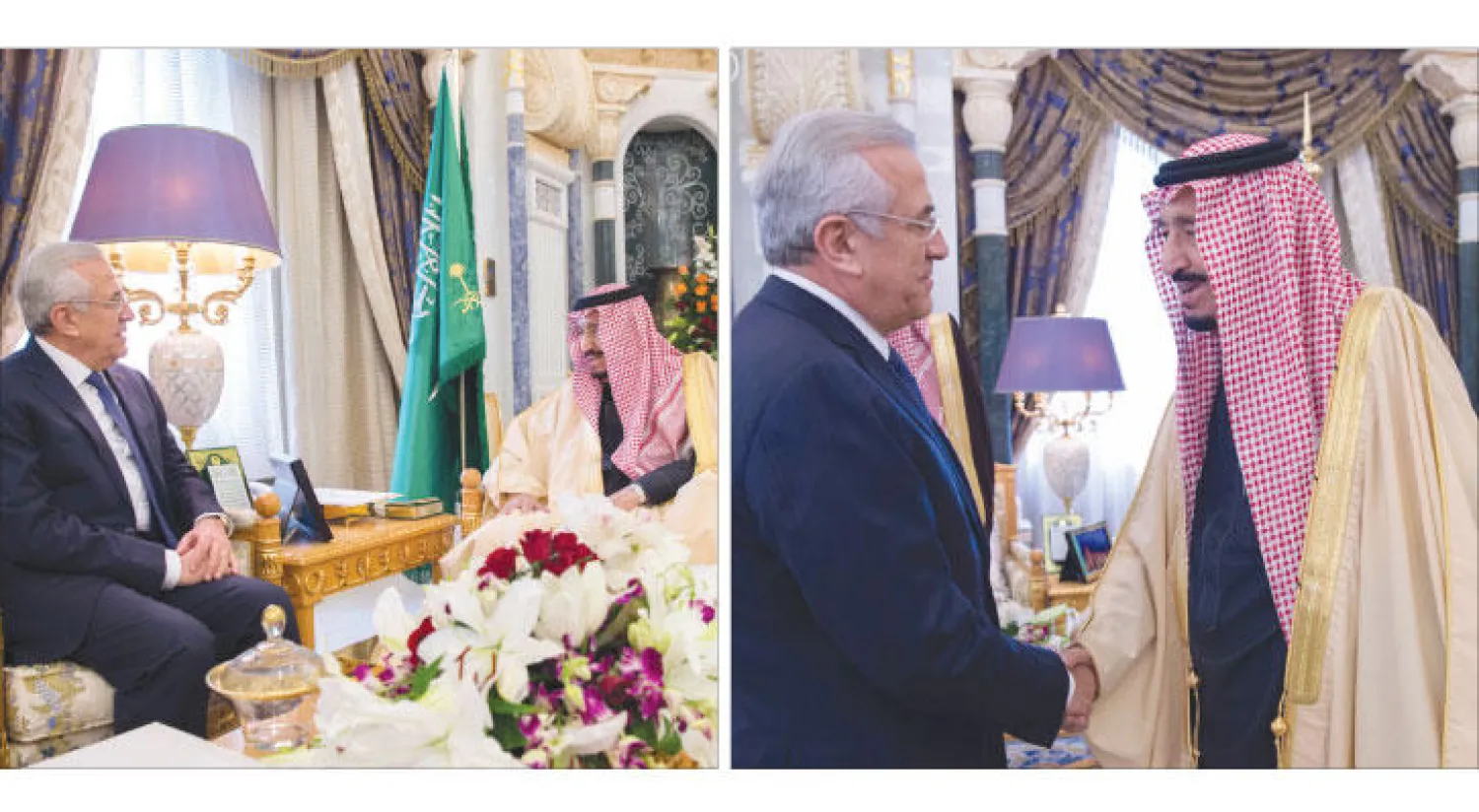 خادم الحرمين الشريفين الملك سلمان بن عبد العزيز مرحباً بالرئيس اللبناني السابق ميشال سليمان خلال استقباله له أمس في الرياض.. ولدى اجتماعه معه  (واس)