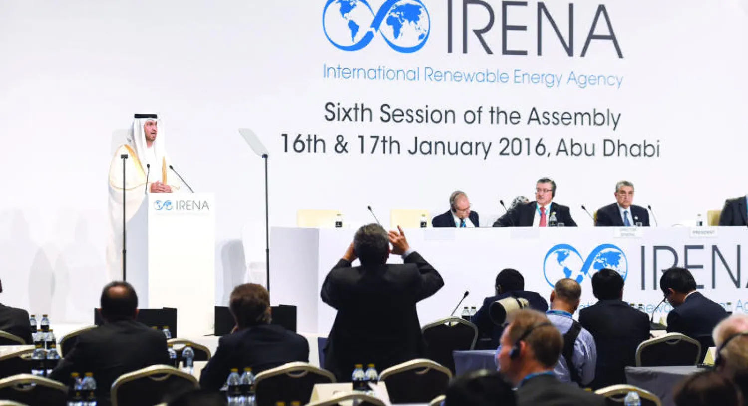د. الجابر خلال مشاركته في أعمال الجمعية العمومية السادسة للوكالة الدولية للطاقة المتجددة «آيرينا» («الشرق الأوسط»)