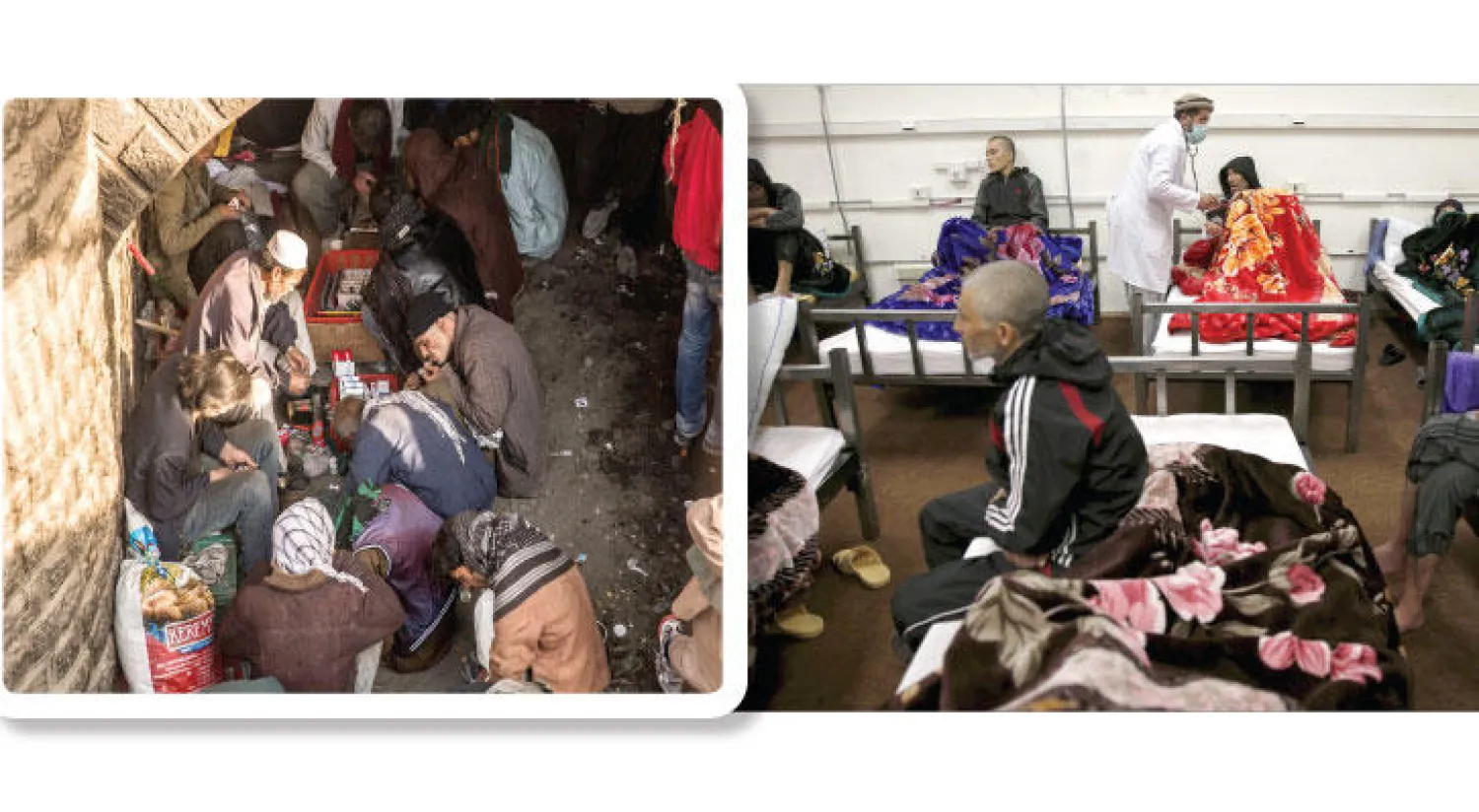 طبيب يكشف على مدمن في معسكر فينيكس الذي أسسته الولايات المتحدة عام 2003 وتحول إلى أكبر تسهيلات لعلاج المدمنين في أفغنستان بعد مغادرة القوات الأميركية البلاد (رويترز) - بعض المدمنين تحت أحد الجسور في العاصمة كابل في العام الماضي قبل إخلاء المنطقة (نيويورك تايمز)