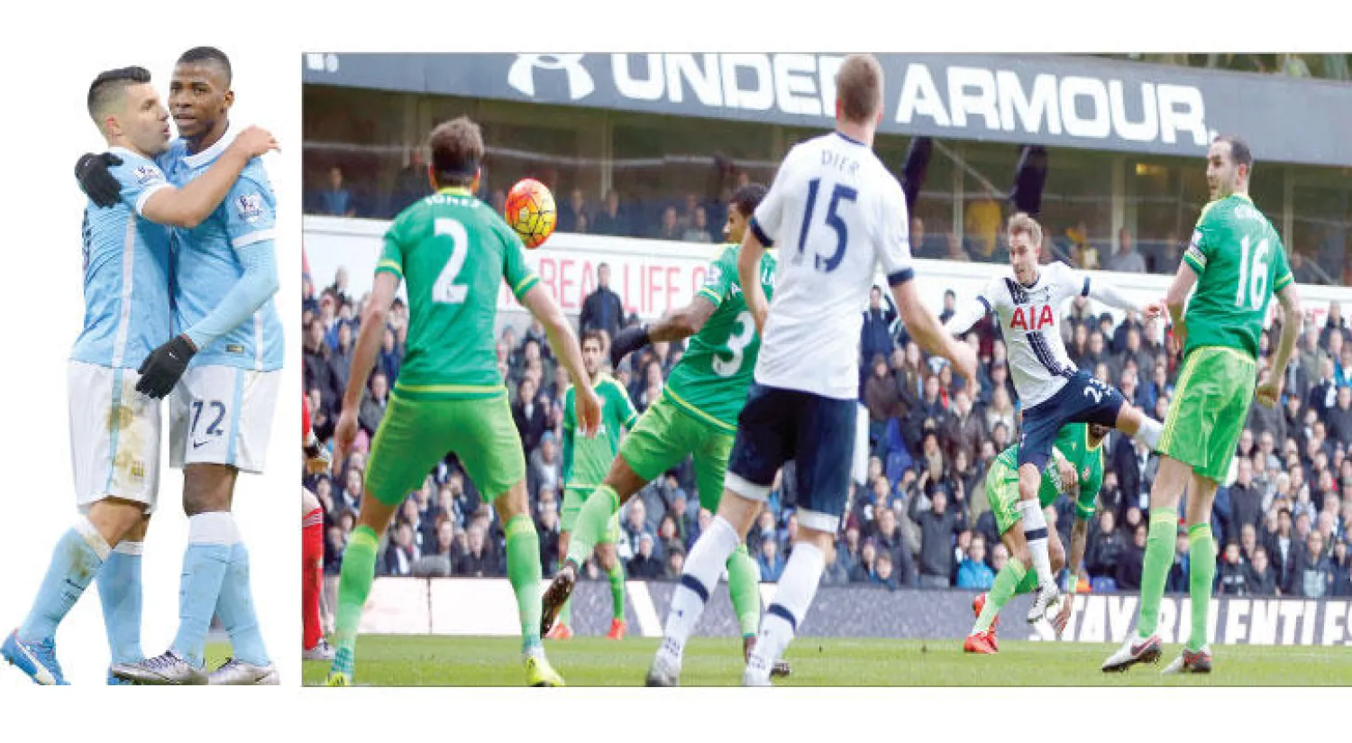 إيركسن (رقم 23) يفتتح رباعية توتنهام (رويترز) - أغويرو يحتفل بهدفه الثاني مع زميله كليشي (أ.ف.ب)