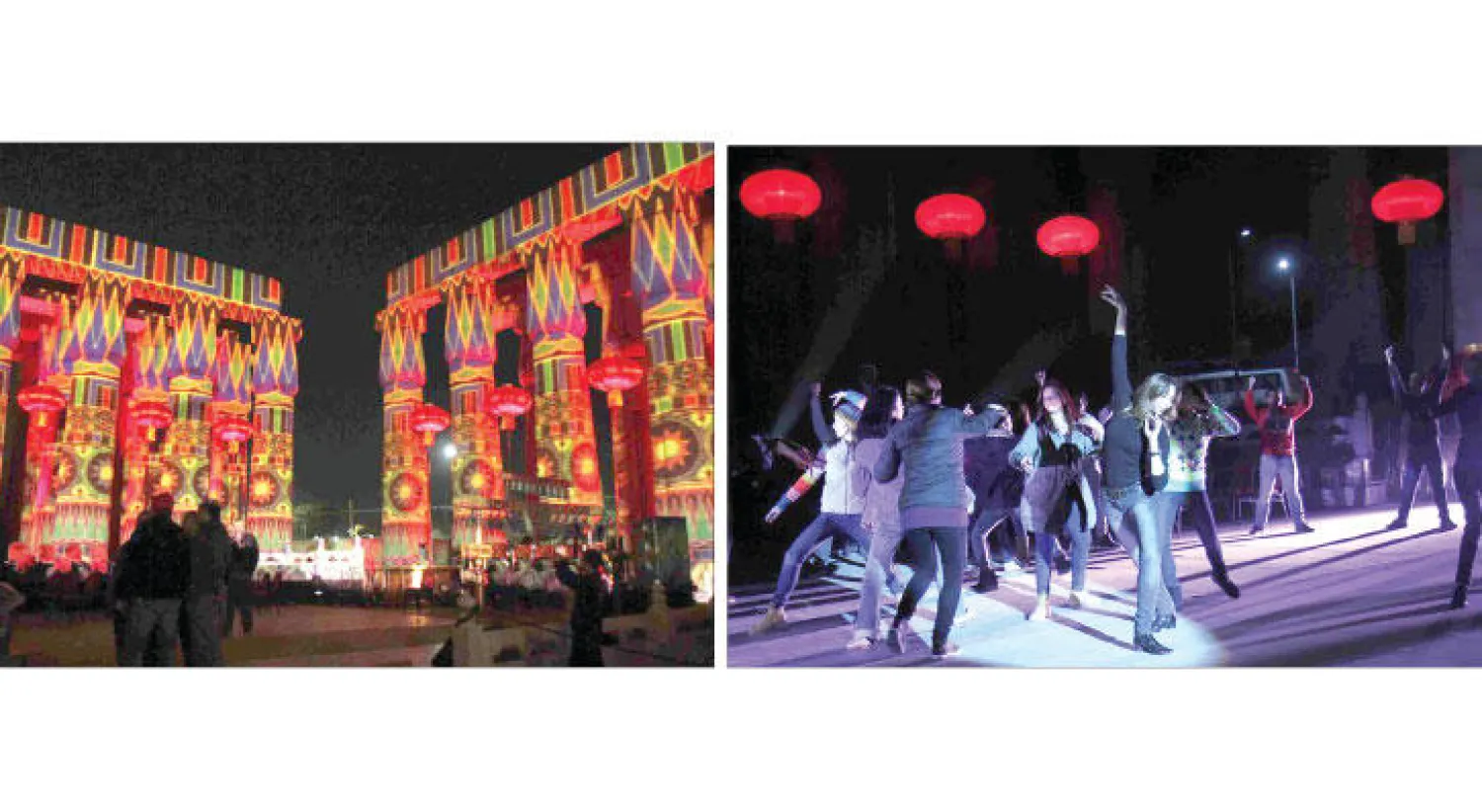 معبد الأقصر يحتضن فعاليات الاحتفال بانطلاق العام الثقافي المصري الصيني - جدران وأعمدة معبد الأقصر مزينة بالأضواء والألوان مع بدء فعاليات الاحتفالية