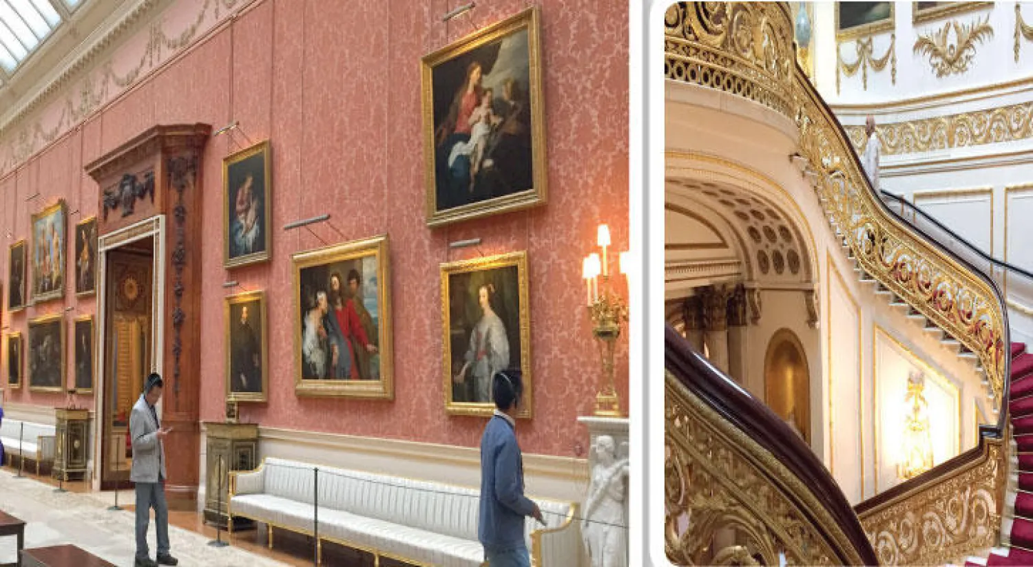 سلم البهو الرئيسي في قصر باكنغهام - كوينز غاليري حيث تحتفظ الملكة بمقتنياتها من اللوحات الفنية الشهيرة («الشرق الأوسط»)