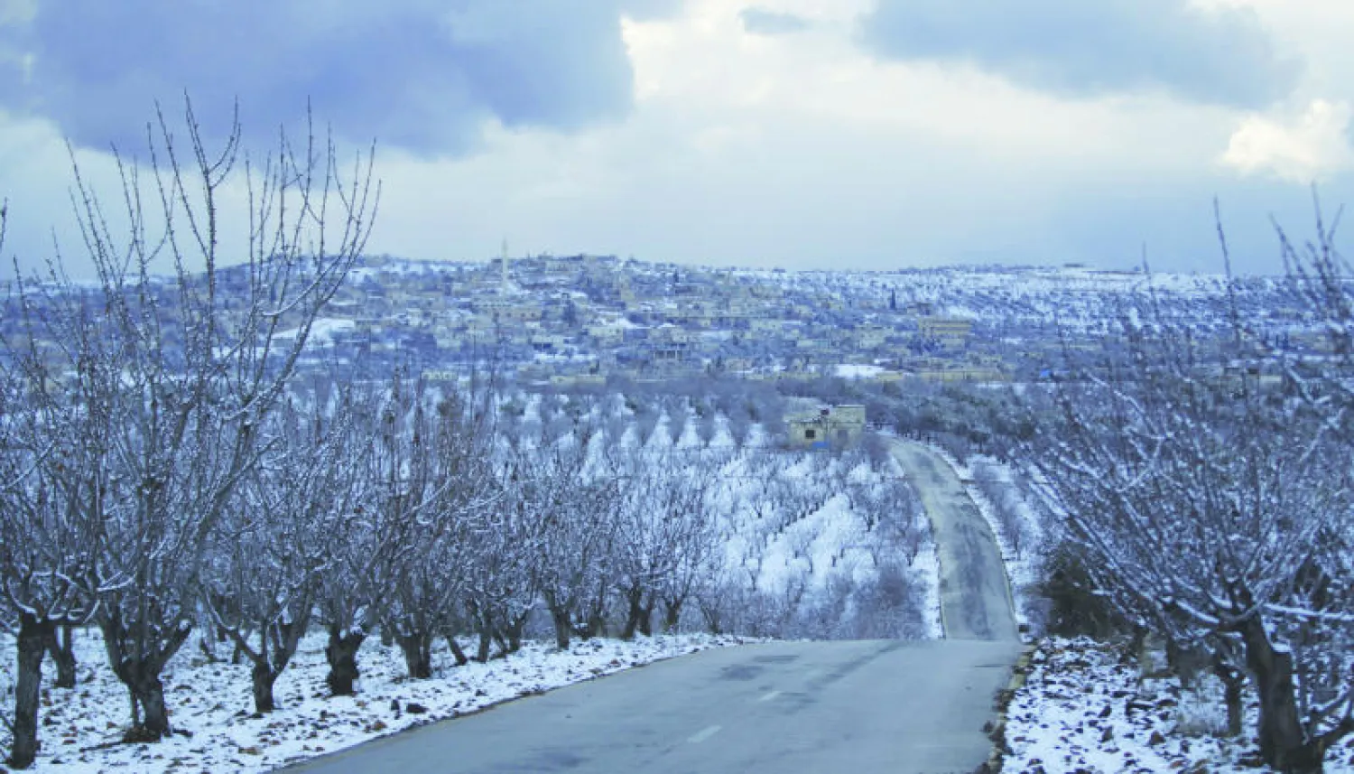 الثلوج تغطي قرية في جبل الزاوية في ريف إدلب الجنوبي (رويترز)