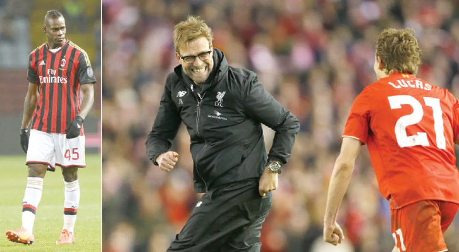 كلوب مدرب ليفربول يحتفل مع لاعبه لوكاس بالفوز على ستوك (رويترز)  -  بالوتيللي سجل هدف الفوز لميلان