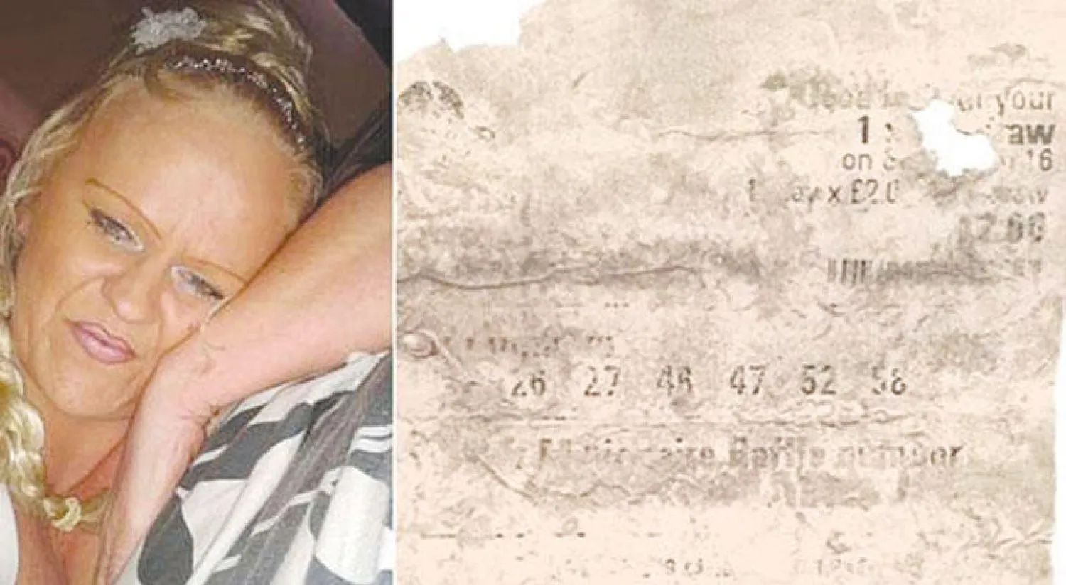 المرأة التي ادعت أنها فازت بالجائزة وورقة اليانصيب  المهترئة التي قدمتها