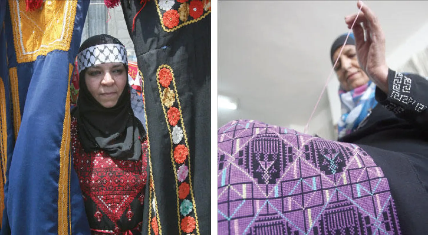 فلسطينية تطرز قطعة قماش بتصاميم مربعة والوان زاهية في رام الله بالضفة الغربية ({غيتي}) - ..وأخرى تقف وسط مجموعة من الأقمشة الموشاة بالتطريز والزخارف في الذكرى الـ60 للنكبة في مخيم جباليا للاجئين بغزة ({غيتي})