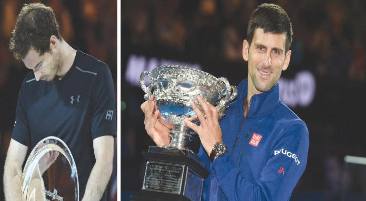 ديوكوفيتش يحتفل بكأس البطولة الأسترالية للمرة السادسة (أ.ف.ب) - موراي اكتفى بجائزة الوصيف (أ.ف.ب)