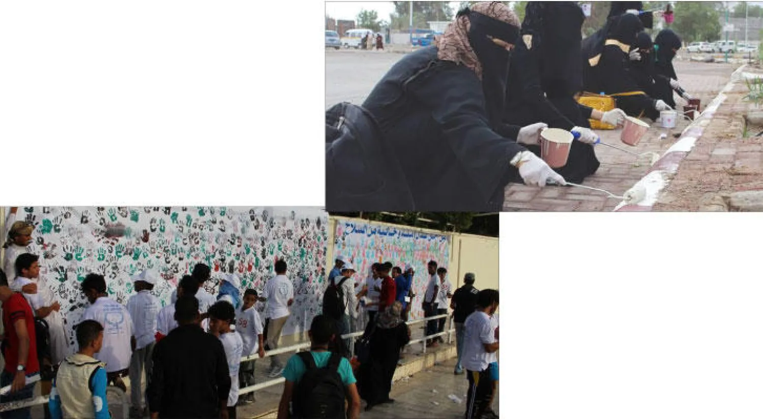 يمنيون يضعون بصمات أيديهم بالألوان على جدار في عدن تضامنا مع حملة تشجير وطلاء بحي خور مكسر - يمنيات يشاركن في حملة تشجير وطلاء لشوارع المدينة