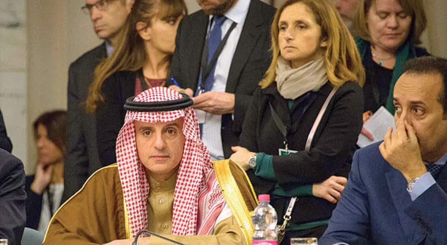 وزير الخارجية السعودي عادل الجبير خلال مشاركته في اجتماع وزراء خارجية التحالف الدولي  للحرب ضد «داعش» في روما أمس (رويترز)