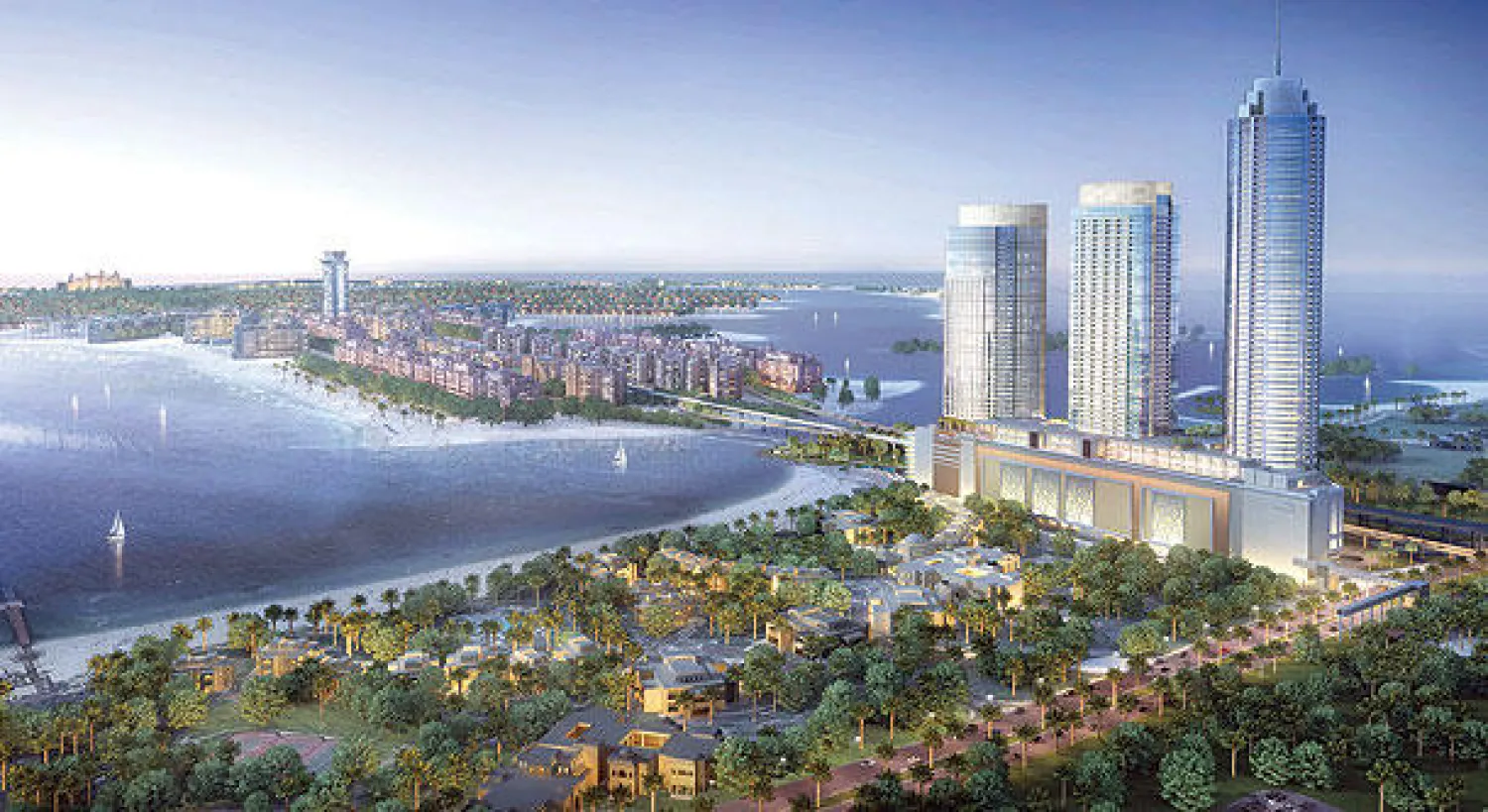 رسم تخيلي لمشروع «ذا بالم جيت واي» ويقع على مدخل «نخلة جميرا» الذي وقعت «نخيل» عقد تنفيذ الأعمال الإنشائية  بقيمة 381 مليون دولار («الشرق الأوسط»)