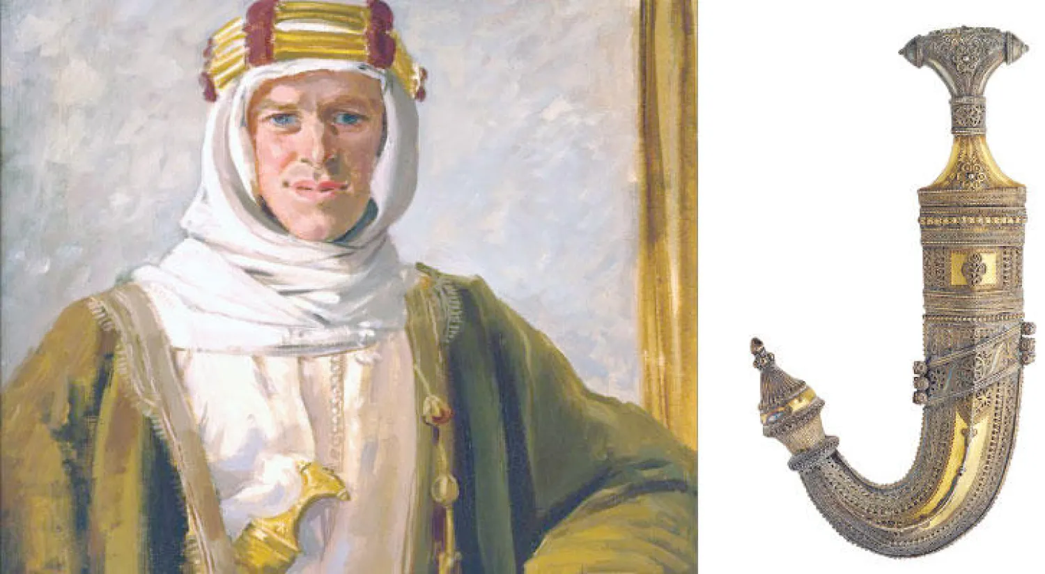 خنجر لورانس العرب ذو النصل المنحني والمقبض المزين بالفضة والنقوش الإسلامية الذي أهدي لهفي عام 1917  - اللوحة الزيتية التي تمثل لورانس بملابسه العربية ورسمها أوغسطس جون