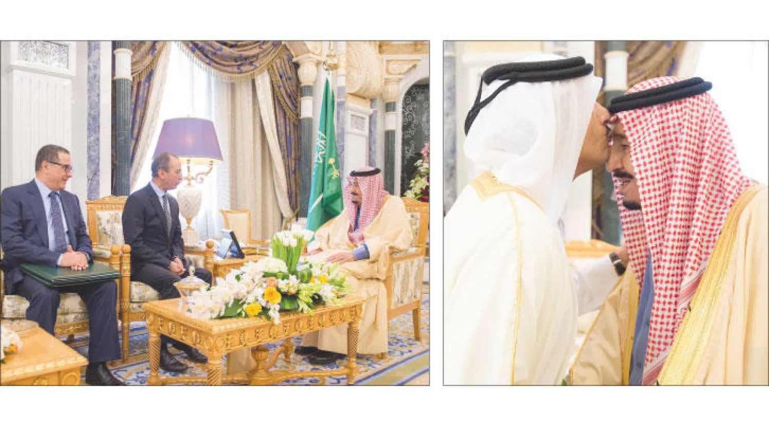 خادم الحرمين الشريفين لدى استقباله وزير الخارجية القطري الذي سلمه رسالة من أمير دولة قطر (واس) - .. ولدى لقائه وزير الداخلية ووزير الاقتصاد والمالية في المغرب (واس)