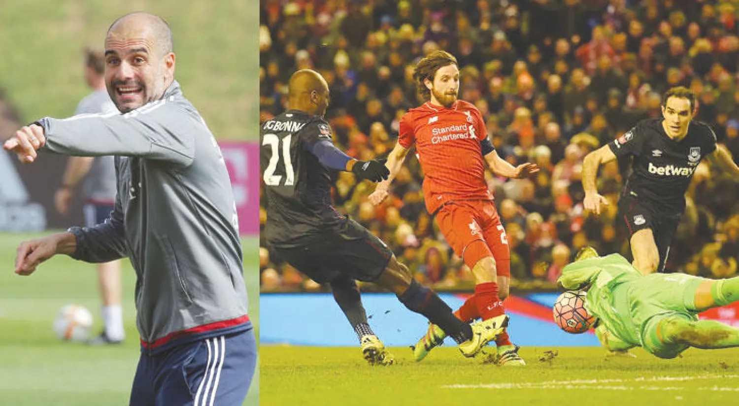 راندولف حارس وستهام يتصدى لهجمة من جون الن مهاجم ليفربول في اللقاء الأول بينهما (أ.ف.ب)  -  غوارديولا يتطلع لتحقيق الثلاثية مع البايرن قبل الرحيل (أ.ف.ب)