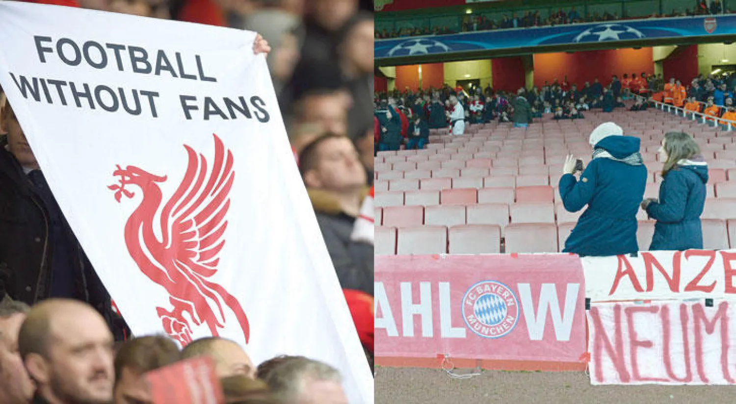 جماهير بايرن ميونيخ عندما غادرت ملعب آرسنال اعتراضا على أسعار التذاكر (رويترز)  -  جماهير ليفربول ترفع لافتة {كرة بلا جماهير} اعتراضا على رفع سعر التذاكر (إ.ب.أ)