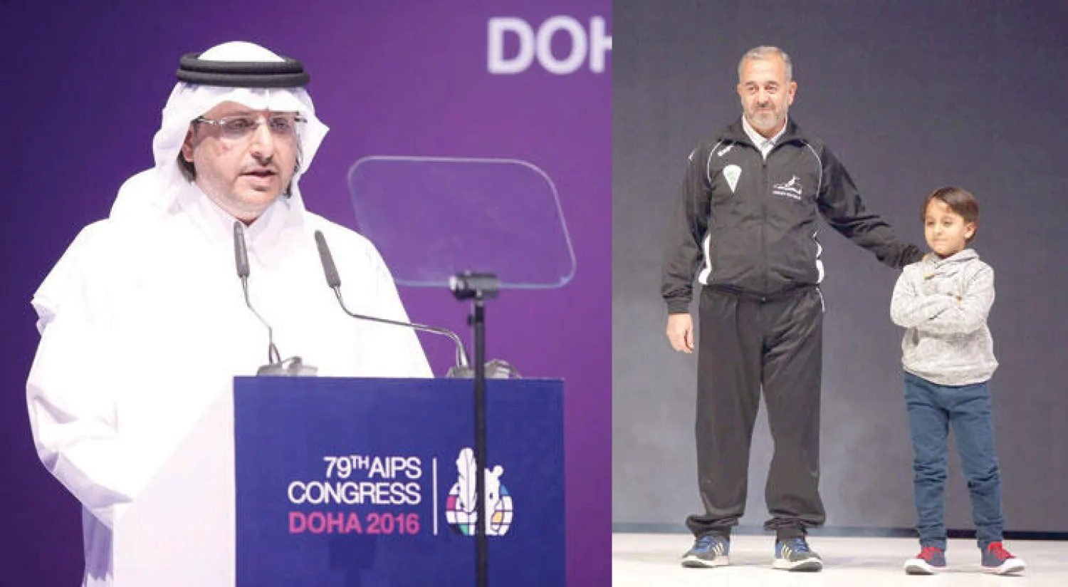 أسامة عبد المحسن وابنه خلال حفل الافتتاح أمس ({الشرق الأوسط})  -  الشيخ فيصل آل ثاني أثناء إلقاء كلمته في افتتاح كونغرس الصحافة الرياضية ({الشرق الأوسط})