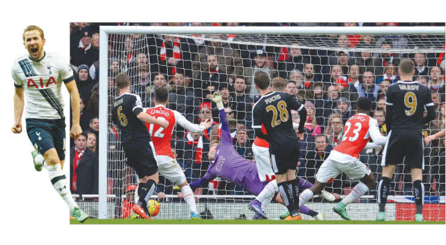 ويلبيك (رقم 23) يراقب تسديدته الرأسية وهي في طريقها لشباك ليستر مانحًا آرسنال أهم انتصار (أ.ف.ب) - كين نجم توتنهام يحتفل بهدفه في مرمى سيتي (رويترز)