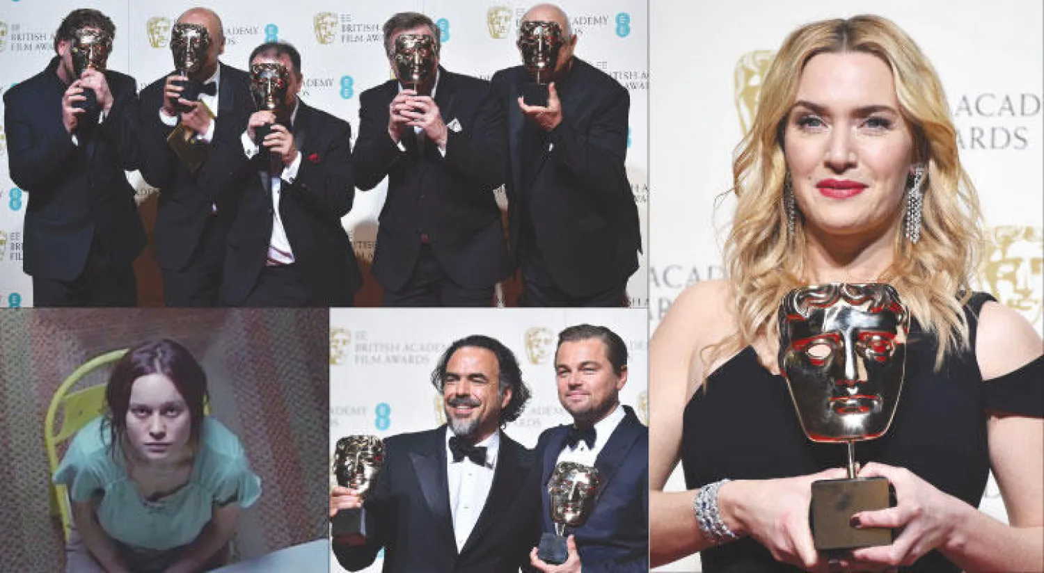 كايت وينسلت فازت بأفضل ممثلة مساندة عن «ستيف جوبس» (إ.ب.أ)  -  الفائزون بجائزة بافتا (أ.ف.ب)  -  ليوناردو ديكابريو مع المخرج أليخاندرو غونزاليس (أ.ف.ب)  -  بري لارسون الفائزة بأفضل ممثلة عن «غرفة» (أ.ف.ب)